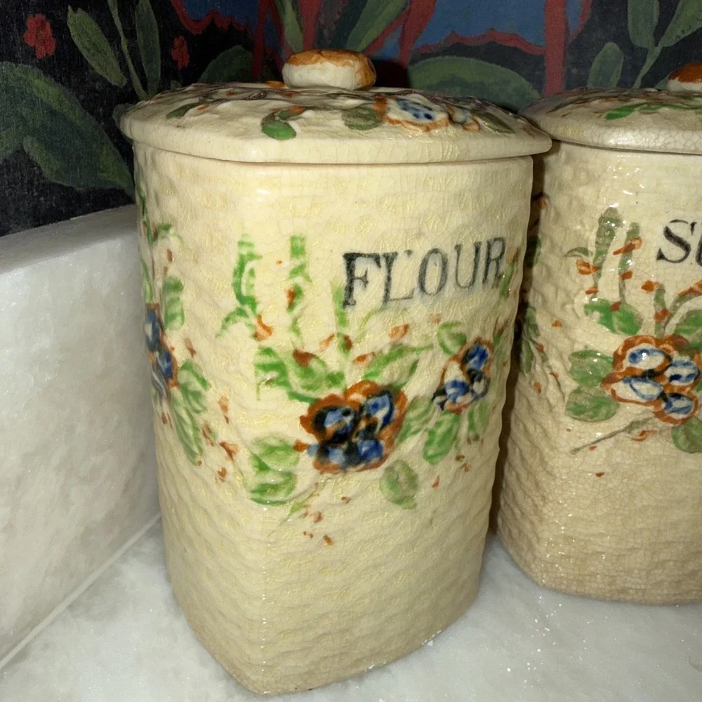 Vintage‎ Flour And Sugar Canisters Country Kitchen Basket Weave Lattice Floral